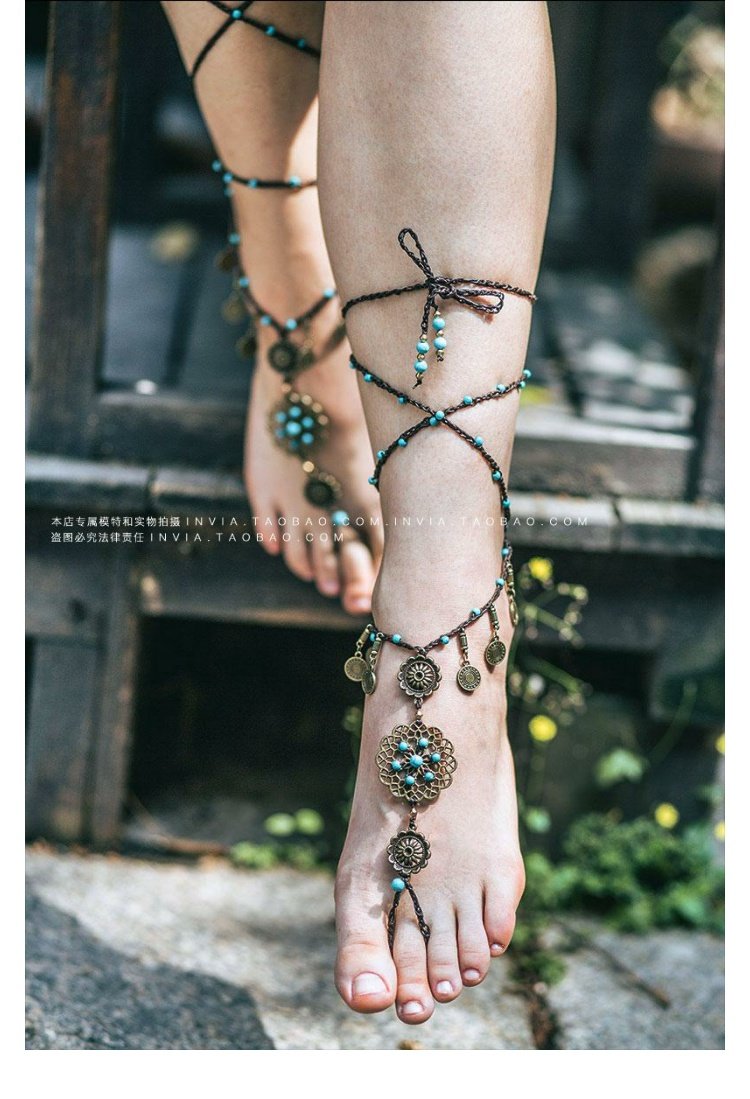 INVIA gốc thủ công retro tua rua nhiều lớp xà cạp chân vòng chân thậm chí ngón chân chuỗi kỳ nghỉ boho vòng chân nhảy múa