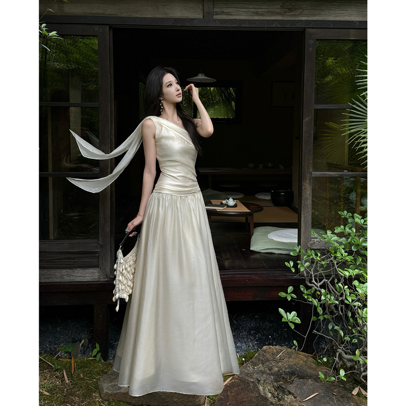 By Onion Cool and Refreshing Off-Shoulder Pleated Sleeveless Waist-Cinching Tencel Ribbon Dress Summer Light and Airy Long Dress