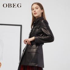 Кожаная куртка obeg/欧碧倩2021春新品收腰修身简洁皮衣女时尚气质短外套1093094 OBEG/2021