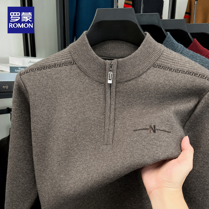 Romon Autumn and Winter New Men's Sweater, Middle-Aged Loose Fit, Thickened, Warm, Half-Zip, Base Layer Knitted Wool Sweater