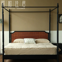 French medieval ash wood rattan canopy bed wabi-sabi style bed and breakfast high-end large bed Nanyang retro style high pillar bed