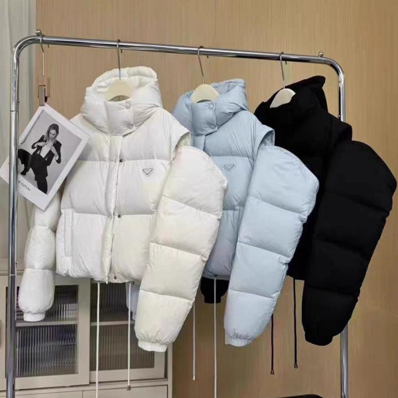 2024 New Style Detachable Sleeve Two-Way Wear Hooded down Cotton Jacket for Women with Triangle Logo, Warm Puffer Jacket