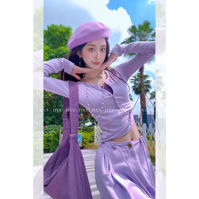 Ituu Lavender Purple Elegant Long-Sleeve T-Shirt for Women, Autumn 2026 New Slim-Fit Slimming Base Shirt Top, Fake Two-Piece Ituu Lavender Purple Elegant Long-Sleeve T-Shirt for Women, Autumn 2026 New Slim-Fit Slimming Base Shirt Top, Fake Two-Piece