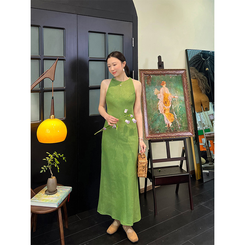 "Modest Aesthetics" European Imported Luxury 100% Linen Vintage Vibe Avocado Green Sleeveless Dress for Women