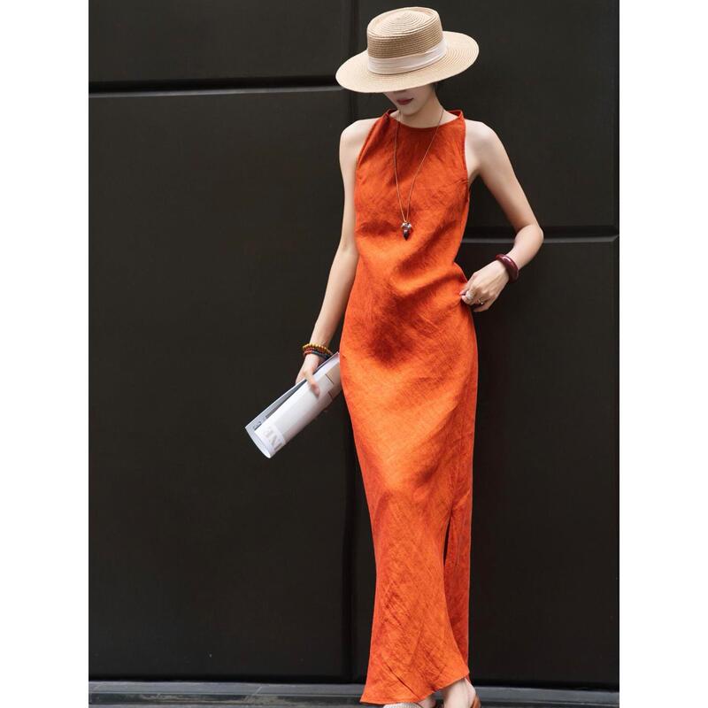 【Hengshe Laomian】Elegant Line Silhouette Orange Sleeveless Dress/High-End Linen Slimming Long Dress for Women in Summer