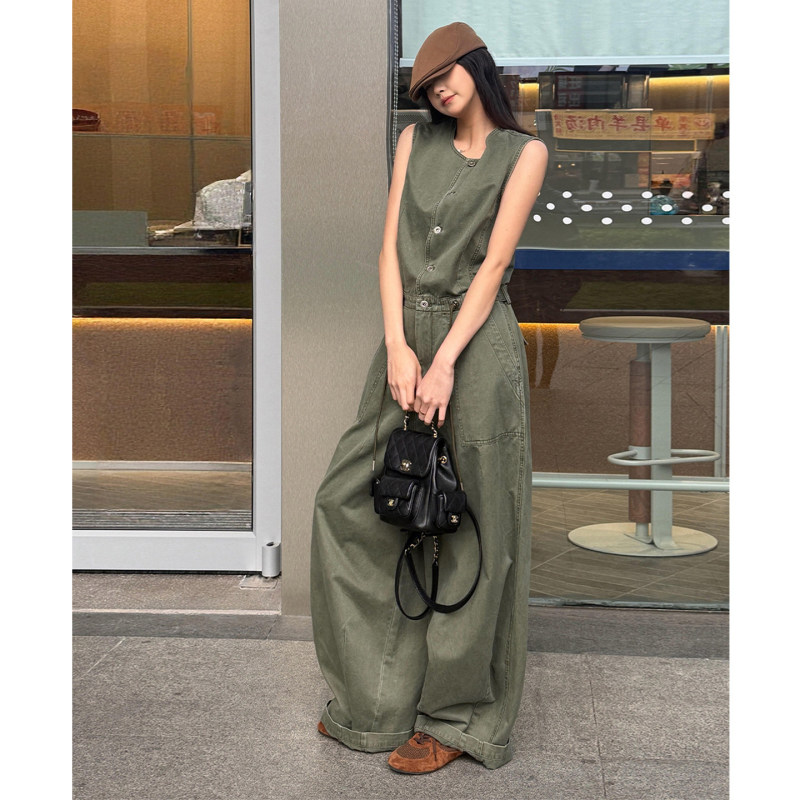 [Modern Retro] American-Style High-End Workwear Style Olive Green Linen Drawstring Waist Sleeveless Jumpsuit for Women Summer