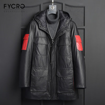 2020 new leather leather mens head layer cowhide down jacket hooded locomotive jacket tide winter plus velvet leather jacket