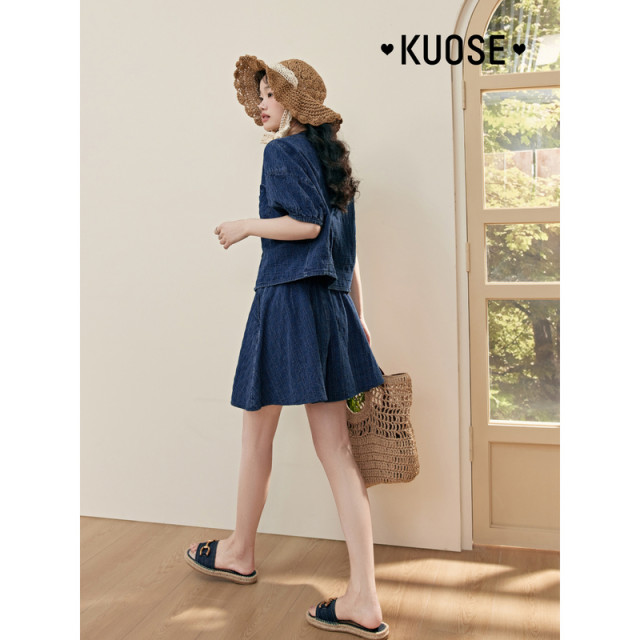 Wide color denim short-sleeved shirt two-piece suit skirt for women 2024 spring and summer new style short skirt for small people to wear a complete set