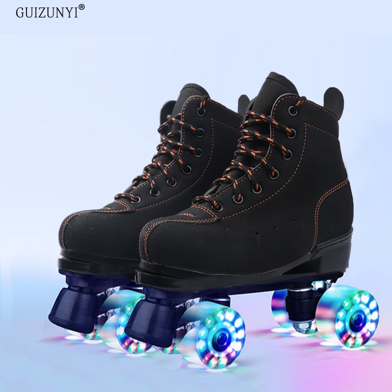 Black Adults Double-Row Skates Children Four Wheels Skating Shoes Adult Men And Women Dry Skates Double-Row Wheel Skates Flash