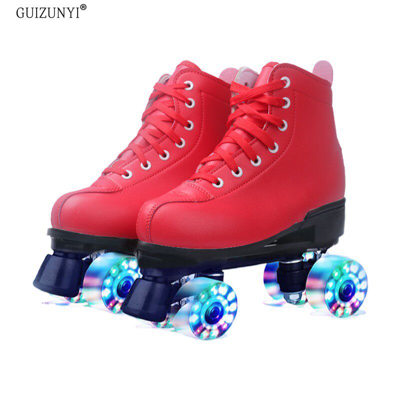 Red leather double rows of ice skates men and women Fancy Skating Shoes Four Wheels Skating Shoes Outdoor Sports Wheels Skating Shoes ICE SKATING RINK