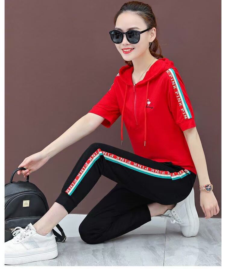 Bộ đồ thể thao nữ hè 2019 thời trang mới lửng trùm đầu ngắn tay 9 quần chạy bộ quần áo hai dây - Thể thao sau bộ thể thao nữ hàng hiệu
