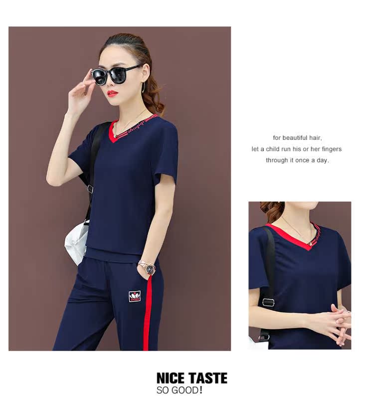 Bộ đồ liền thân nữ mùa hè 2019 mới thời trang Hàn Quốc V-cổ rộng tay ngắn cắt cạp quần thể thao hai dây - Thể thao sau mẫu áo thể thao nữ đẹp