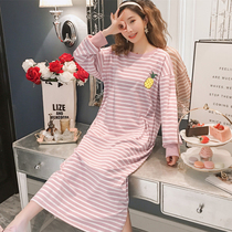 Spring and autumn pure cotton long-sleeved night dress female student mid-length dress Womens winter loose pajamas home skirt