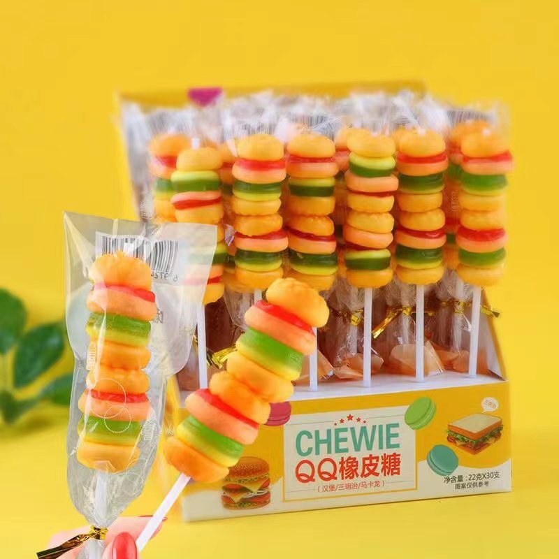 Mixed Fruit Taste Burger Soft Sugar QQ Rubber Hamburg Bag String Burning Stick Candy Stall Fun Little Snacks