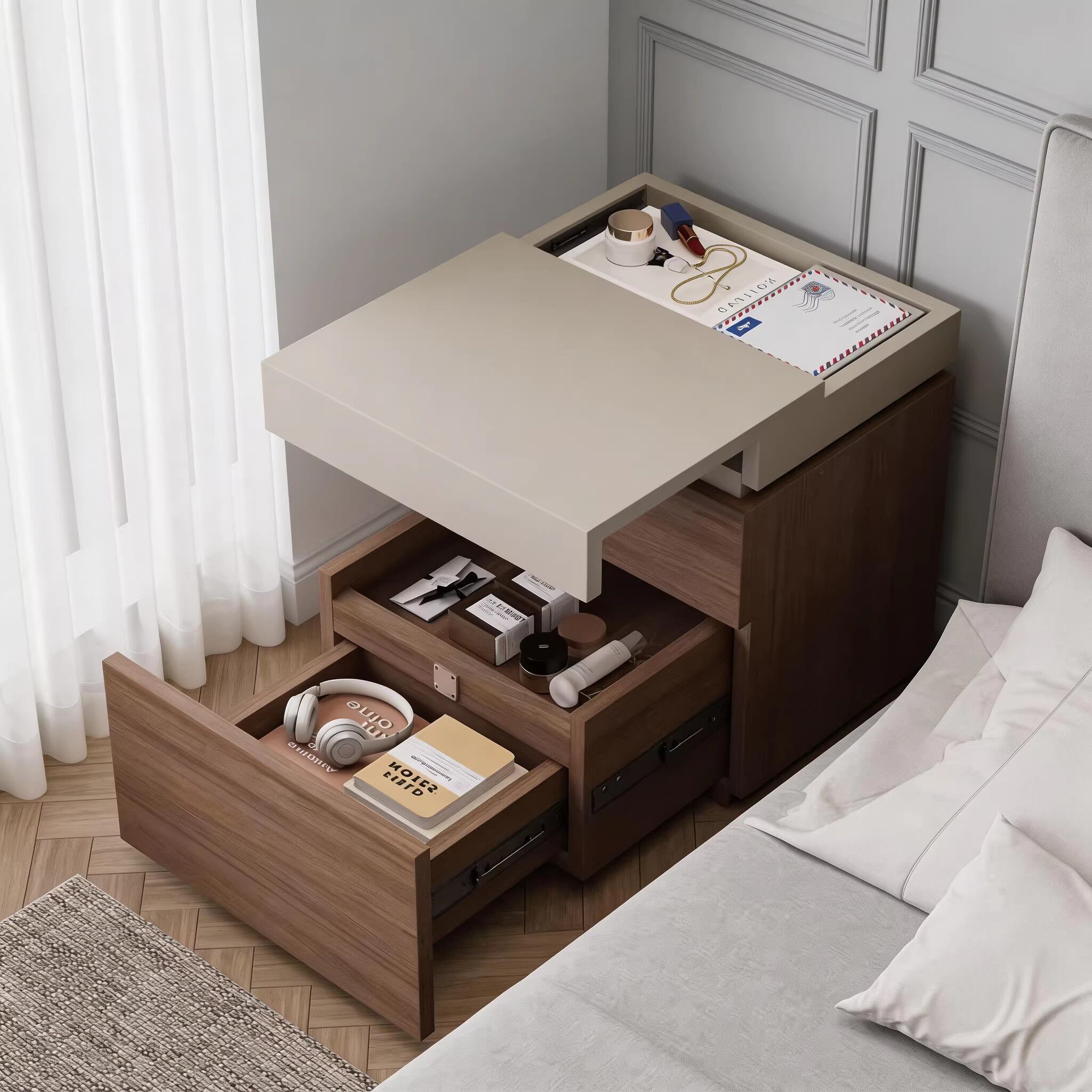 モダンでミニマルなベッドサイドテーブル。主寝室での使用に最適。高級感のある収納キャビネット。ENF無垢材の多層板を使用し、塗装なし、隠し収納スペース付き。