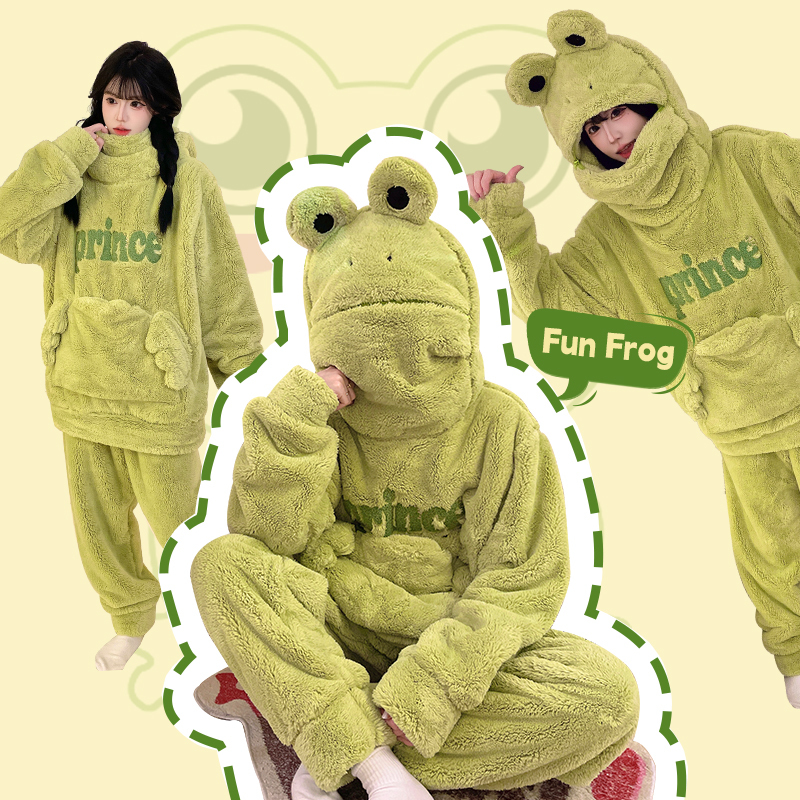 Plush Couple Pajamas for Women, New Thickened Coral Fleece for Autumn and Winter, Abstract Quirky Frog Design, Men's Student Loungewear Plush Couple Pajamas for Women, New Thickened Coral Fleece for Autumn and Winter, Abstract Quirky Frog Design, Men's Student Loungewear