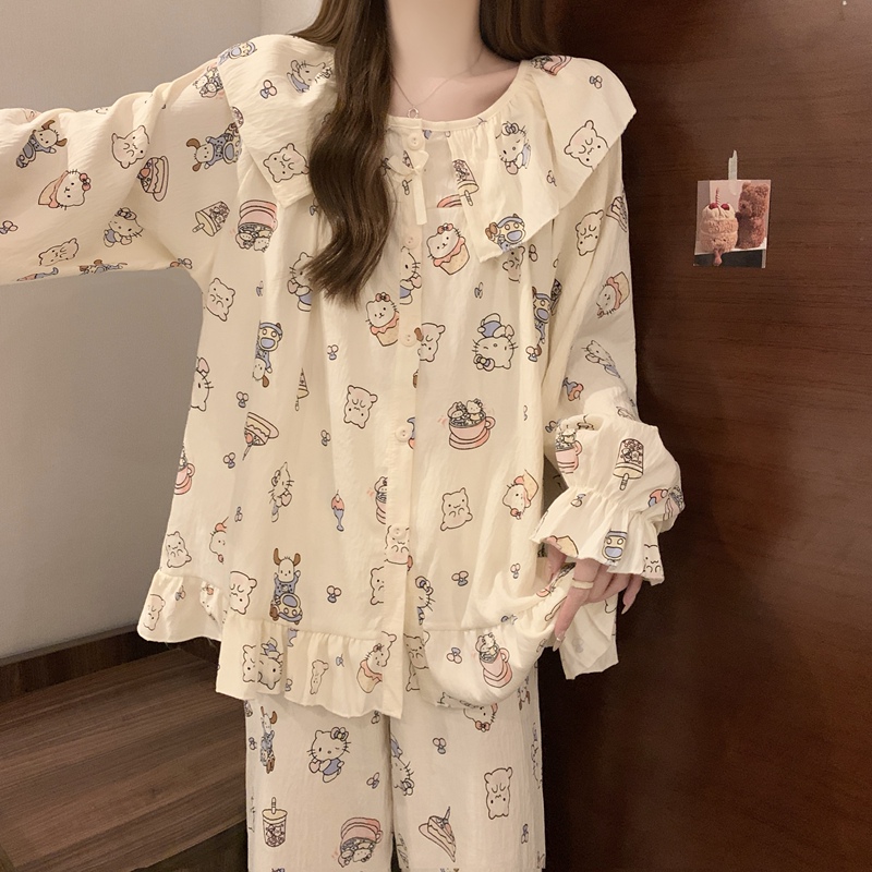 Doll Collar Pajamas for Women, Spring and Autumn, Long-Sleeved, Thin, Cute and Sweet, Princess Style, Cloud Cotton Gauze Home Wear Two-Piece Set
