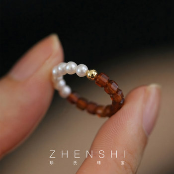 Natural freshwater baroque pearl ring for women, garnet fashionable elastic rope ring