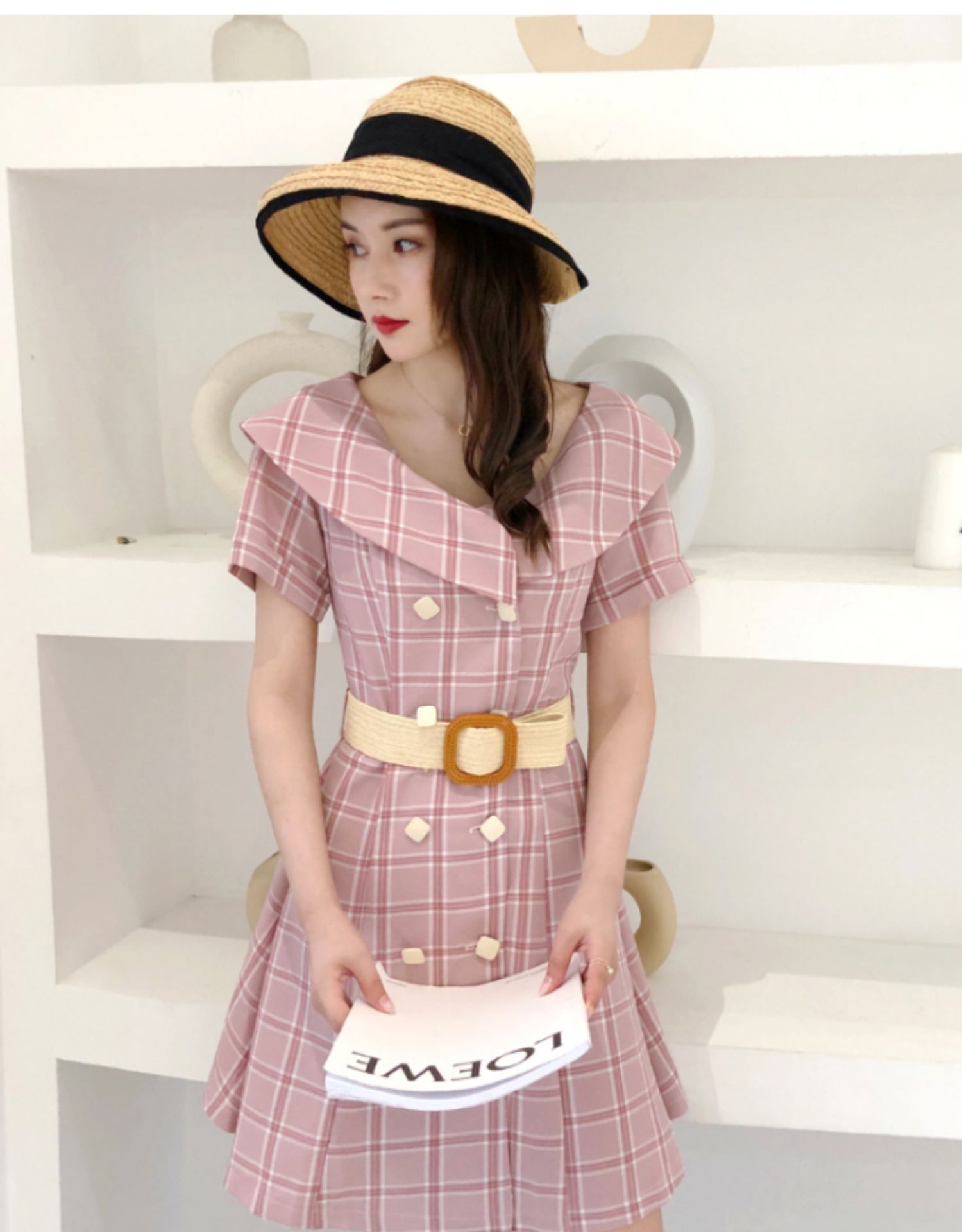 VK旗艦店 韓系復古雙排扣娃娃領黃色格子收腰短袖洋裝