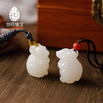 The world Zhenbao natural Hetian jade Qinghai material lotus root Pink sheep fat peace pendant Fortune mouse pendant for men and women