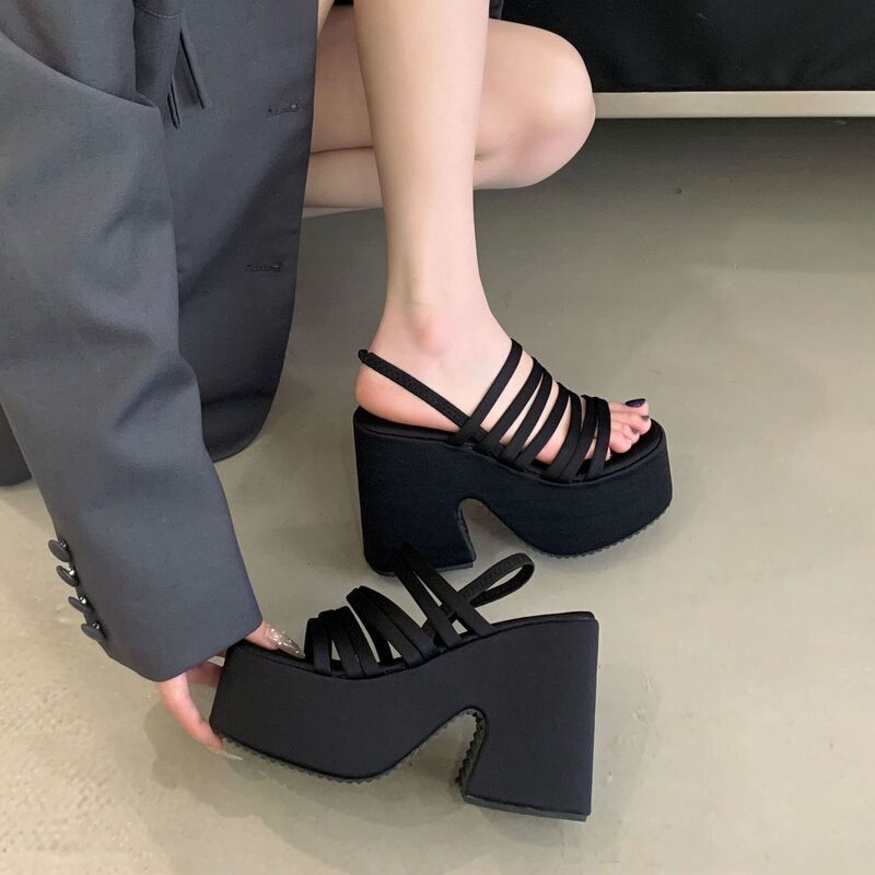 Thin Strap Thick Heel High Heels 12cm Spring and Summer Waterproof Platform Platform Thick-Soled Roman Sandals for Small People to Increase Height Women's Shoes