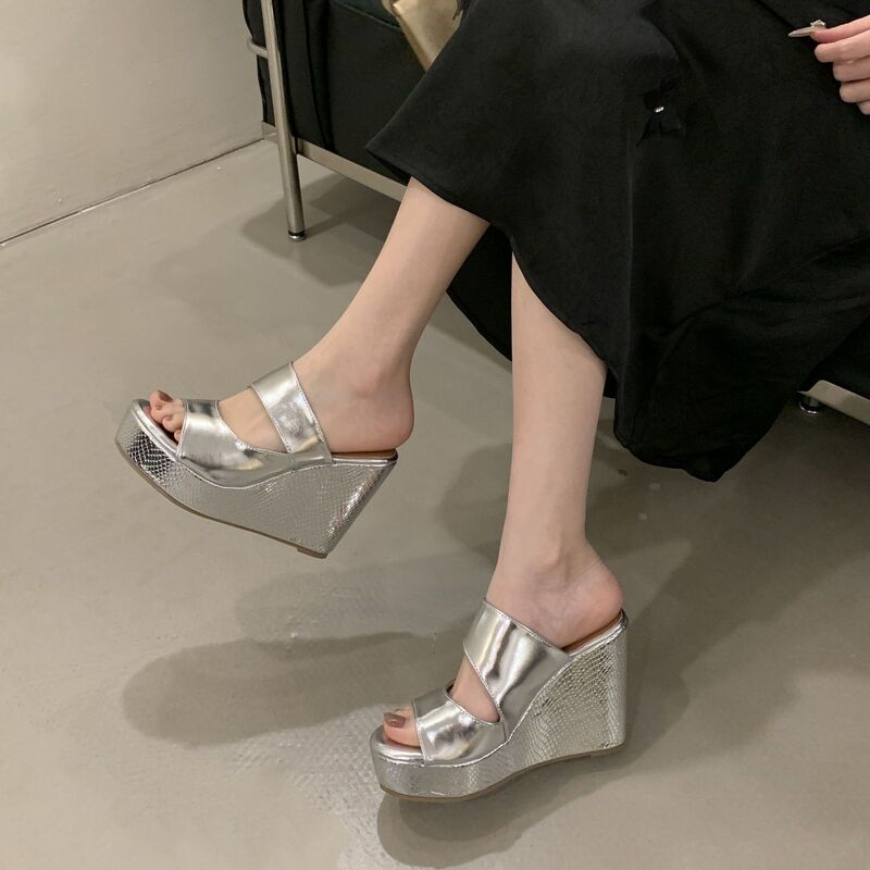 Wedge Super High Heels 12cm Waterproof Platform Platform Sandals with Thick Soles and Open Toes, Silver Height-Increasing Slippers, Gold Wedding Shoes for Women