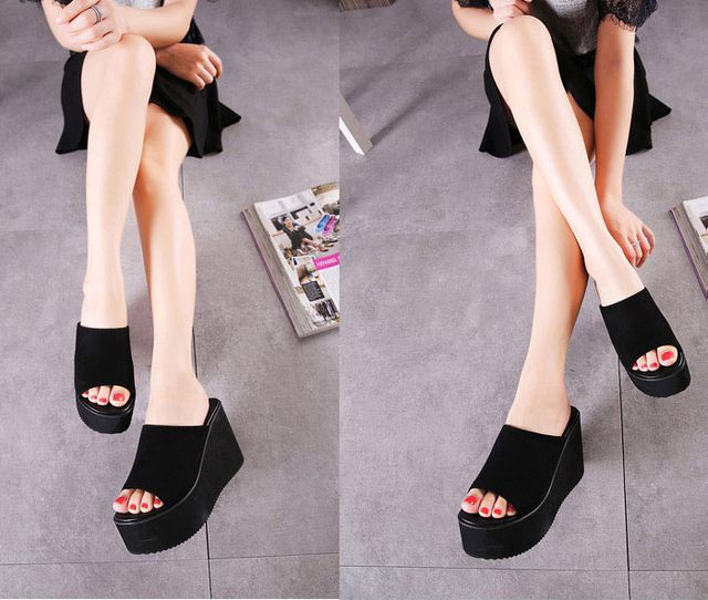 10CM wedge heel super heel high heel waterproof platform ຫນາລຸ່ມສີດໍາຫນັງປາປາກ sandal ພາຍໃນຄວາມສູງເພີ່ມຂຶ້ນຄົນອັບເດດ: slippers ຂອງແມ່ຍິງ