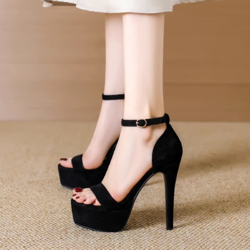 Black High Heels That Don'T Tire Your Feet, 14cm Waterproof Platform, Suitable for Art Exam Candidates, Model Runway Shows, Stiletto Heel, Single Strap Sandals for Women