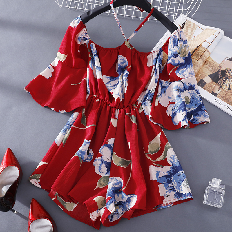 Mùa hè 2019 phiên bản Hàn Quốc mới của quần lửng ống loe siêu rộng có cổ in jumpsuit nữ cạp cao cạp cao quần sọt kaki nữ