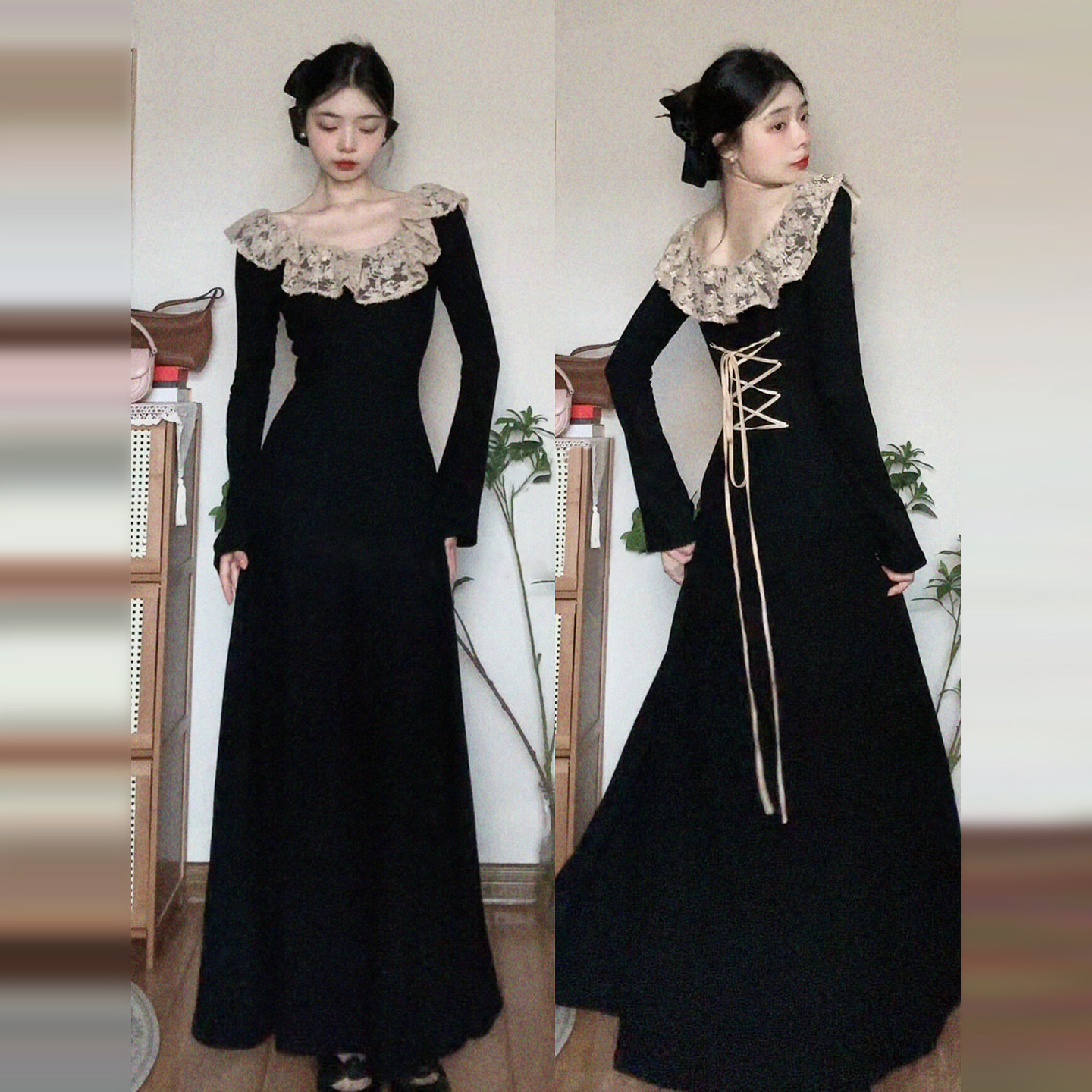 Spring/Autumn French Hepburn Style Black Long-Sleeved Dress Plus Size Curvy Women Waist-Defining Elegant Evening Gown
