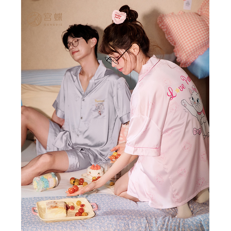 Gongdie [Cool Feeling] Disney Mary Cat Couple Pajamas Women's Ice Silk Summer Short Sleeve Men's Homewear