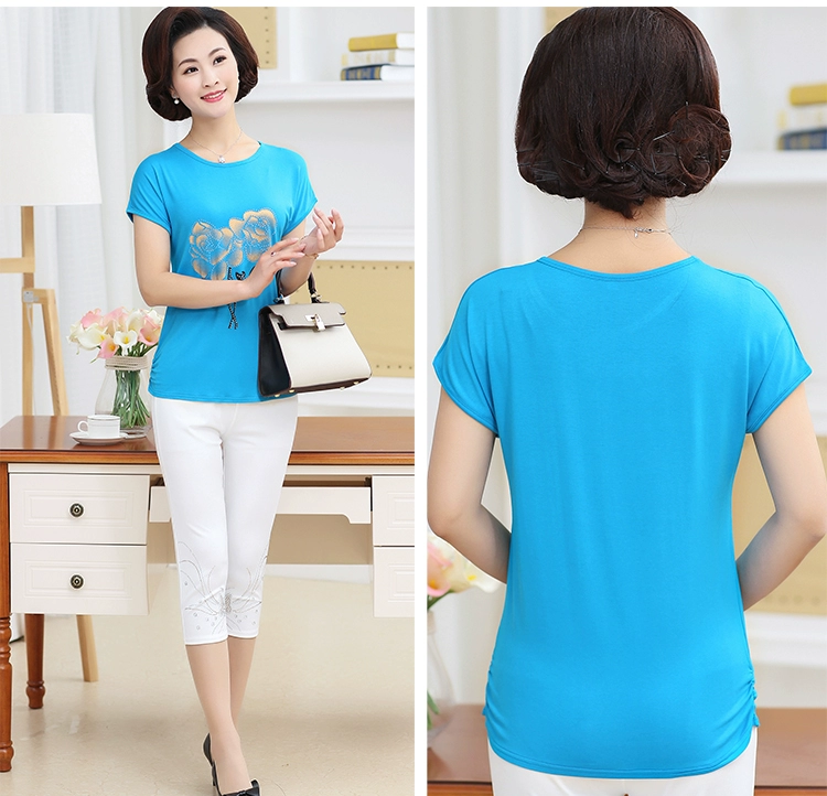 Áo phông ngắn tay cho phụ nữ trung niên và người già trung niên 40 tuổi Người mẹ 5060 tuổi tải áo sơ mi dài tay mùa thu đầm tuổi trung niên