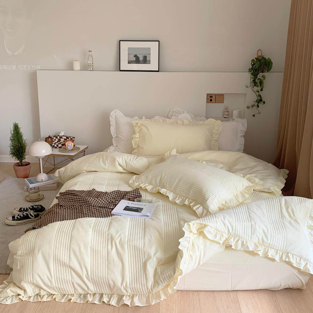 Sleep well ins Korean-style cotton four-piece set of solid color quilted quilted dual-use lotus leaf bed sheet quilt cover bed cover