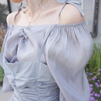 Fan Squad Gray blue fine flash French one-shoulder two-wear drawstring top Three-quarter-sleeved shirt with a scheming design