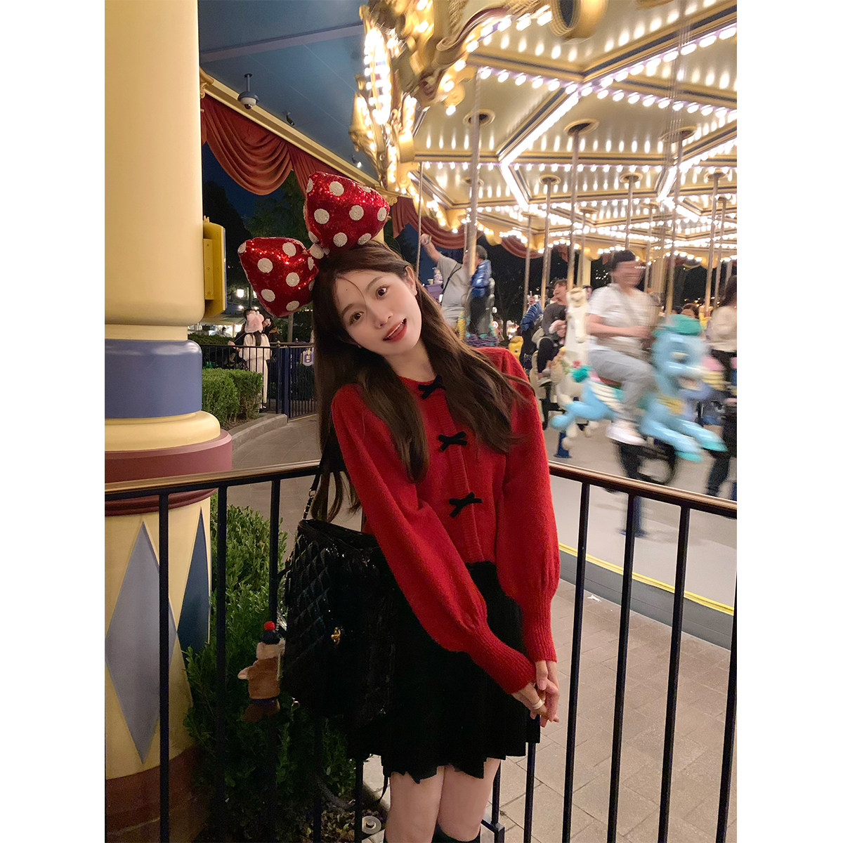 FF BLUE Autumn Day Back to Poetry Butterfly Knot Atmosphere Sensation Red Sweater Women's Slim Plexu Slim Dress Minus Age Suit-Taobao