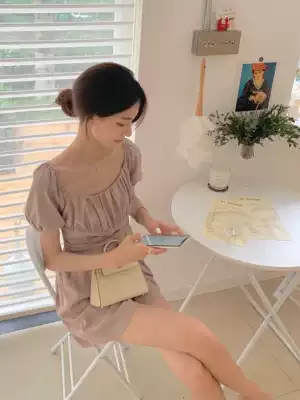 Rice squad French smoked purple thin square collar jumpsuit Small temperament ins stretch bubble sleeve jumpsuit