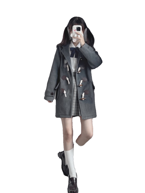 jk hooded horn button woolen coat ກາງ-ຍາວ ຄູ່ຜົວເມຍຍີ່ປຸ່ນ woolen college style coat