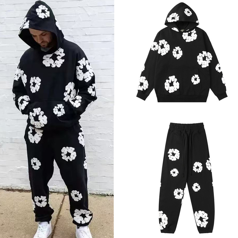 Denim Tears Kapok Foam Print Classic Loose Sports Casual Hooded Sweatshirt and Pants Set for Men Denim Tears Kapok Foam Print Classic Loose Sports Casual Hooded Sweatshirt and Pants Set for Men