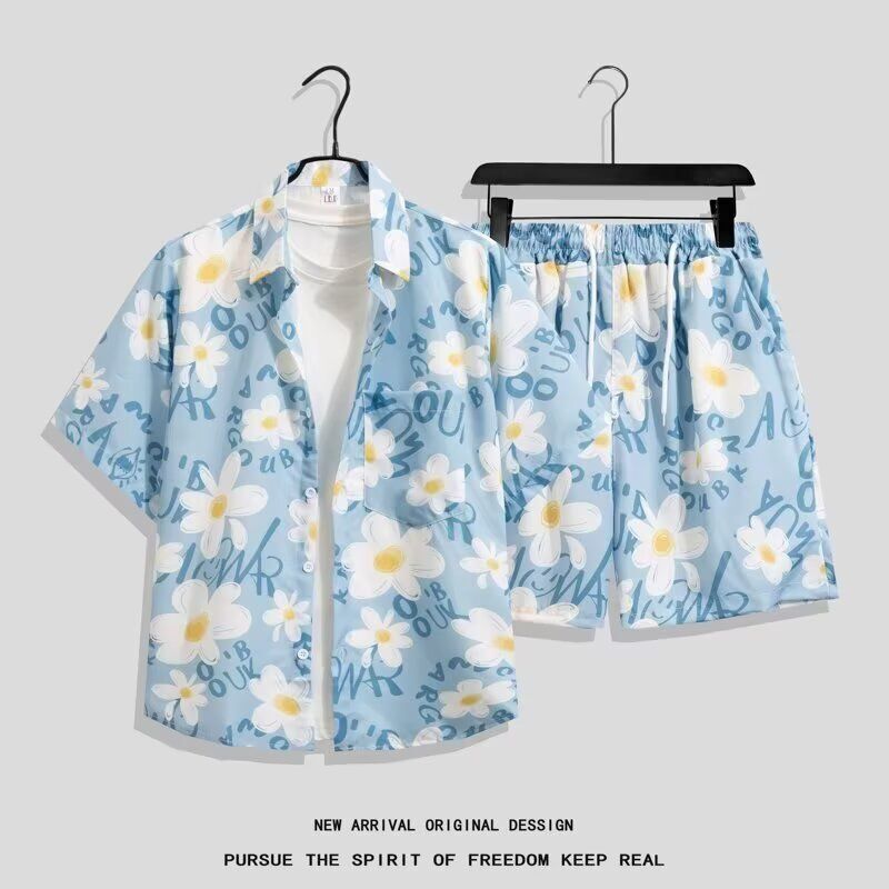 Ice Silk Suit for Men, Quick-Drying Summer Short-Sleeved Shirt, Loose Large Size Floral Beach Shorts, Couple Matching Two-Piece Set