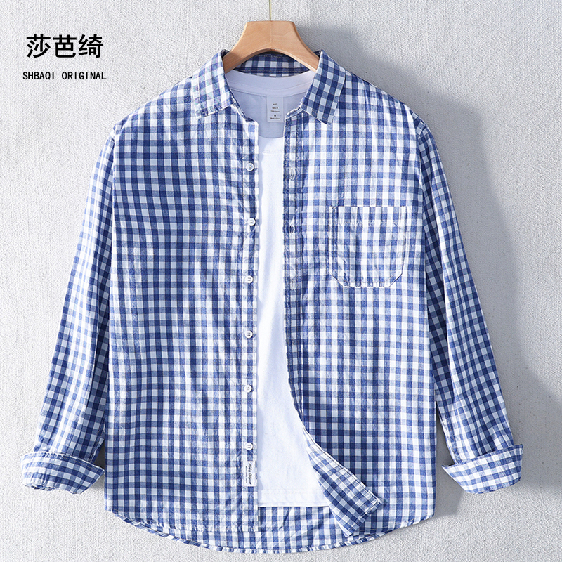Spring and Summer Pure Cotton Brushed Blue and White Plaid Long-Sleeved Shirts for Men and Women, Casual Loose Sun Protection Clothing, Trendy Men's Shirts
