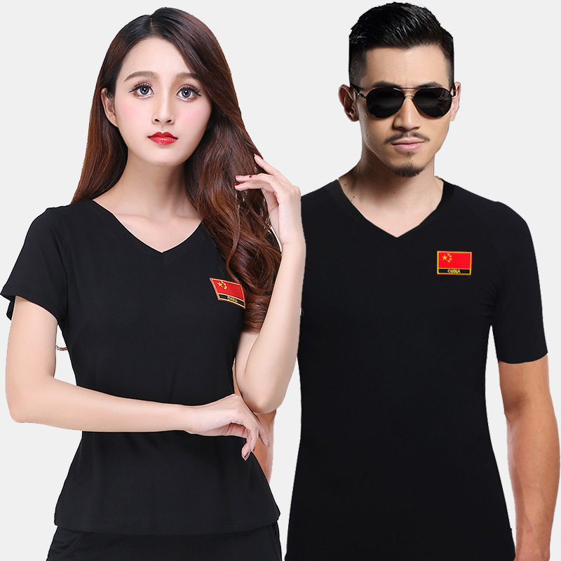 New suit for the new suit of the Short Sleeves Square Dance Costume in the Town of the National Flag Dance Dress Black Round-Collar V-Collar T