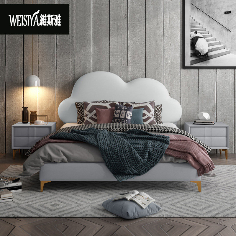 Children's bed 1 5 m tech cloth 1 2 modern minimalist solid wood single cloud boy girl princess bed light and luxurious bed