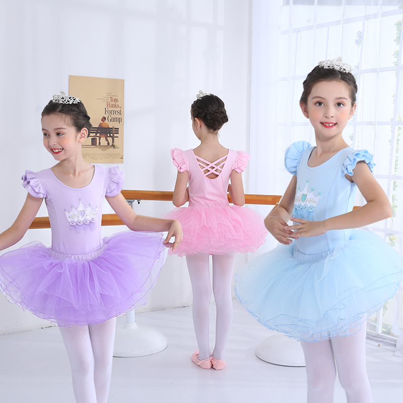 quần áo khiêu vũ mùa hè của trẻ em ngắn tay thực hành cô gái múa ba lê váy cô gái trẻ váy biểu diễn bông.