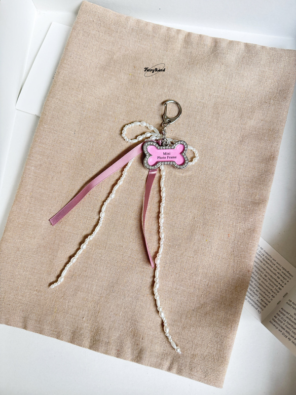 Dog Bone Pendant Metal Chain with Rhinestones, Pink Photo Frame, Pearl Bow, Bag Charm, Ribbon Keychain