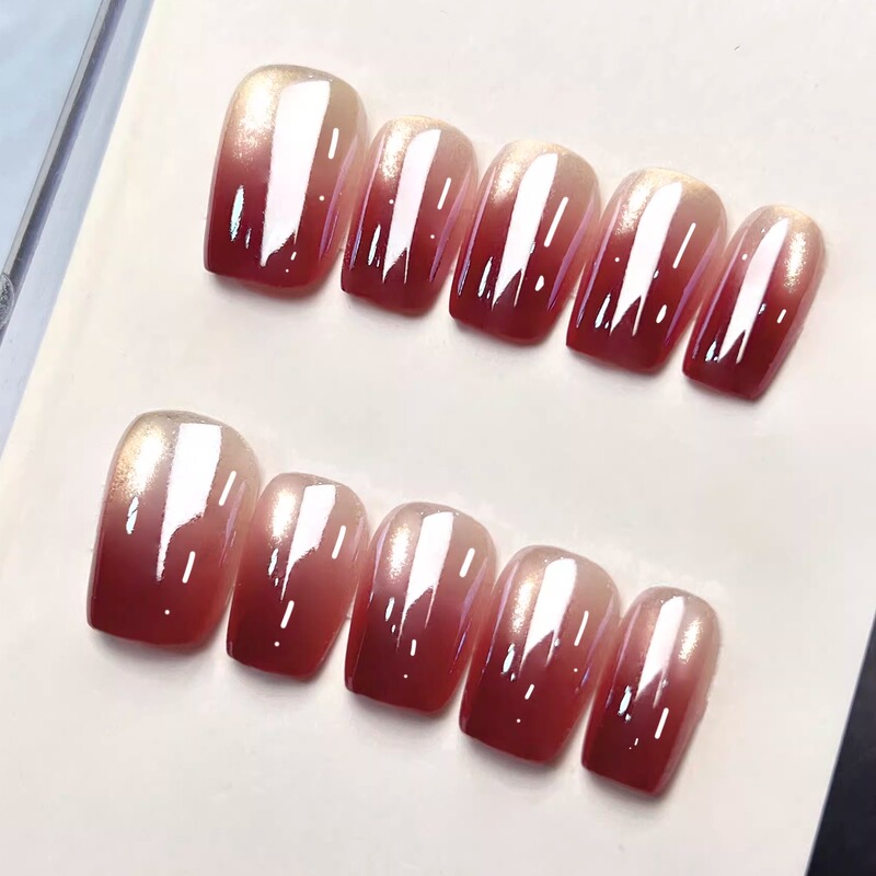 Wine-Stained Black Tea~2026 New Red Aurora Mirror Red Gradient Cat-Eye Handmade Wearable Nails, High-End Whitening Effect