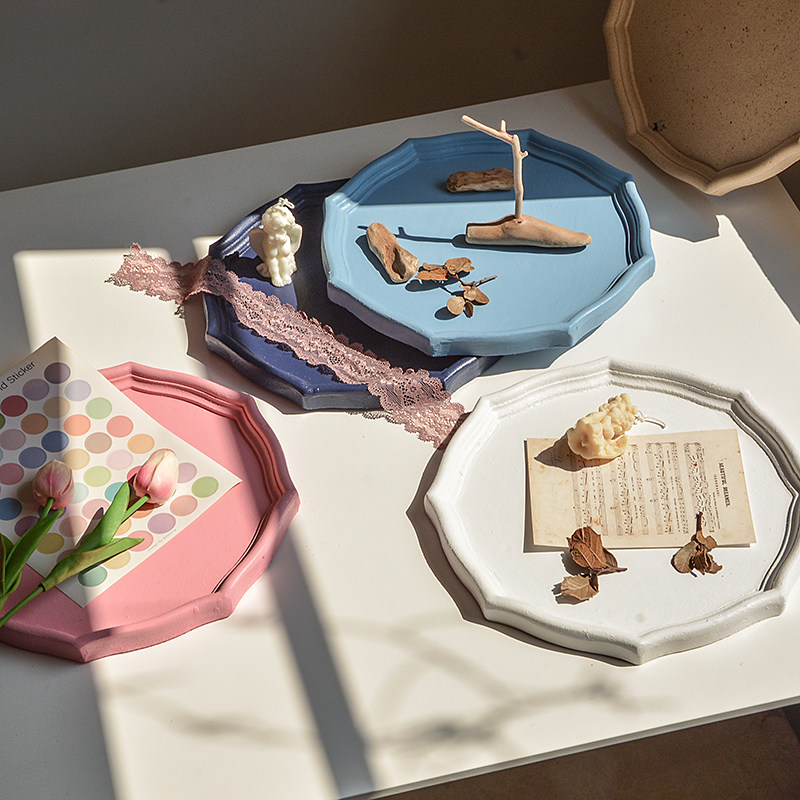 Color vintage octagonal wooden tray Jewelry plate Decorative decoration plain billet bed and breakfast ins wind photography photo props