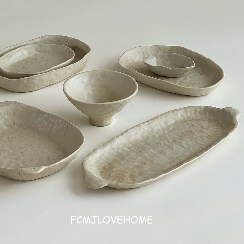 Fcmj - Handmade, Hand-Rolled Coarse Pottery, Clay-Colored, Artistic Rustic Tableware, Wabi-Sabi Style Japanese Plates and Bowls