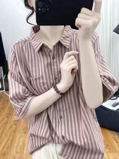 文艺复古宽松纯棉短袖衬衫女夏季时尚减龄polo领条纹五分袖上衣潮