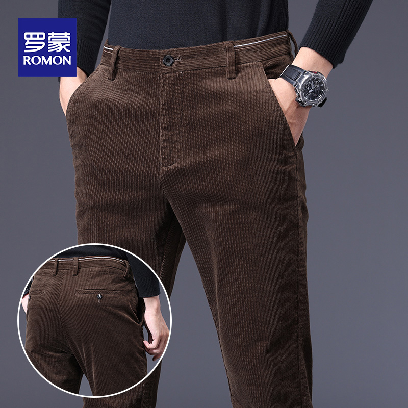 Romon autumn and winter corduroy casual pants men's slim straight leg pants men's Korean version of stripies men's trousers tide