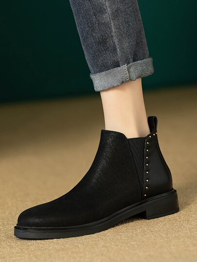 British style Martin boots for women in autumn and winter new style genuine leather round toe low heel short boots Chelsea versatile rivet ankle boots